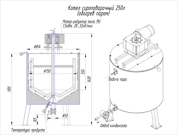 Схема устройства сироповарочного котла (обогрев паром) Схема устройства сироповарочного котла (обогрев паром)
